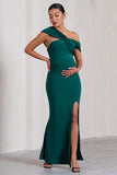 Kara Bottle Green Asymmetric Twisted Bardot Split Maternity Maxi Dress