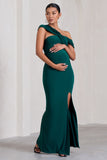 Kara Bottle Green Asymmetric Twisted Bardot Split Maternity Maxi Dress