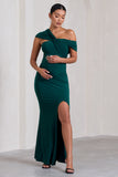 Kara Bottle Green Asymmetric Twisted Bardot Split Maternity Maxi Dress