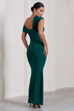 Kara Bottle Green Asymmetric Twisted Bardot Split Maternity Maxi Dress