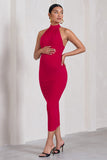 Dora Red Halter-Neck Open-Back Maternity Midi Dress