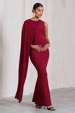Unveil Berry One-Sleeve Cape Maternity Maxi Dress