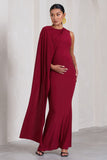 Unveil Berry One-Sleeve Cape Maternity Maxi Dress