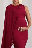 Unveil Berry One-Sleeve Cape Maternity Maxi Dress