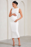 Kerry White High-Neck Sleeveless Maternity Midi Dress