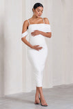 Shelby White Mesh Bardot Strappy Maternity Midi Dress