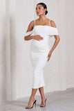 Shelby White Mesh Bardot Strappy Maternity Midi Dress