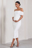 Shelby White Mesh Bardot Strappy Maternity Midi Dress