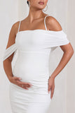Shelby White Mesh Bardot Strappy Maternity Midi Dress