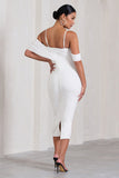 Shelby White Mesh Bardot Strappy Maternity Midi Dress