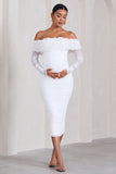 Orchid White Ruched Mesh Floral Bardot Maternity Midi Dress