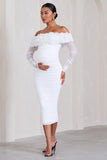 Orchid White Ruched Mesh Floral Bardot Maternity Midi Dress
