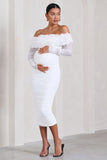 Orchid White Ruched Mesh Floral Bardot Maternity Midi Dress