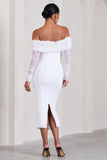Orchid White Ruched Mesh Floral Bardot Maternity Midi Dress