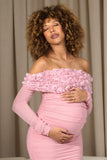 Orchid Blush Pink Ruched Mesh Floral Bardot Maternity Midi Dress