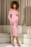 Orchid Blush Pink Ruched Mesh Floral Bardot Maternity Midi Dress