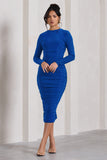 Emilie Royal Blue Ruched Long-Sleeve Midi Dress