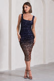 Starry Night Navy Gold Ombre Sequin Square-Neck Midi Dress