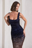 Starry Night Navy Gold Ombre Sequin Square-Neck Midi Dress