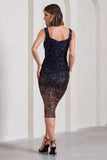 Starry Night Navy Gold Ombre Sequin Square-Neck Midi Dress