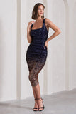 Starry Night Navy Gold Ombre Sequin Square-Neck Midi Dress