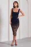 Starry Night Navy Gold Ombre Sequin Square-Neck Midi Dress