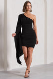 Palmer Black Ruched One-Shoulder Asymmetric Mini Dress With Cape Sleeve