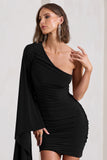 Palmer Black Ruched One-Shoulder Asymmetric Mini Dress With Cape Sleeve