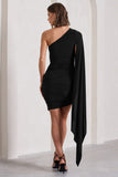 Palmer Black Ruched One-Shoulder Asymmetric Mini Dress With Cape Sleeve