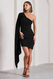 Palmer Black Ruched One-Shoulder Asymmetric Mini Dress With Cape Sleeve
