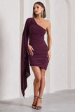 Palmer Burgundy Ruched One-Shoulder Asymmetric Mini Dress With Cape Sleeve