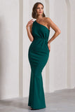Michelle Bottle Green One-Shoulder Gathered Maxi Dress