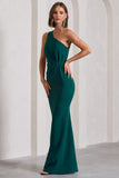 Michelle Bottle Green One-Shoulder Gathered Maxi Dress