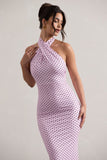 Invincible Pink Polka Dot Cross Over Halter-Neck Open-Back Maxi Dress