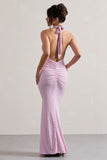 Invincible Pink Polka Dot Cross Over Halter-Neck Open-Back Maxi Dress
