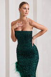 Emulate Bottle Green Sequin Asymmetric Bandeau Maxi Dress With Feathers