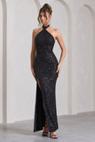 On The Rise Black Sequin High-Neck Strappy-Back Split Maxi Dress