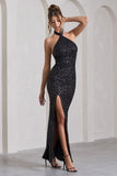 On The Rise Black Sequin High-Neck Strappy-Back Split Maxi Dress
