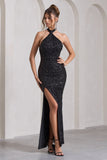On The Rise Black Sequin High-Neck Strappy-Back Split Maxi Dress