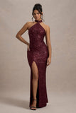 On The Rise Berry Sequin High-Neck Strappy-Back Split Maxi Dress