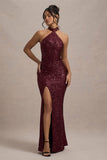 On The Rise Berry Sequin High-Neck Strappy-Back Split Maxi Dress