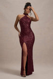 On The Rise Berry Sequin High-Neck Strappy-Back Split Maxi Dress