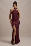 On The Rise Berry Sequin High-Neck Strappy-Back Split Maxi Dress