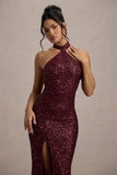 On The Rise Berry Sequin High-Neck Strappy-Back Split Maxi Dress