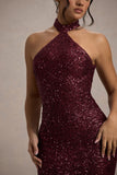 On The Rise Berry Sequin High-Neck Strappy-Back Split Maxi Dress
