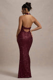 On The Rise Berry Sequin High-Neck Strappy-Back Split Maxi Dress