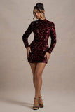 My Light Berry Sequin High-Neck Long-Sleeve Bodycon Mini Dress