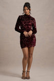 My Light Berry Sequin High-Neck Long-Sleeve Bodycon Mini Dress