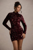 My Light Berry Sequin High-Neck Long-Sleeve Bodycon Mini Dress