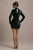 My Light Bottle Green Sequin High-Neck Long-Sleeve Bodycon Mini Dress